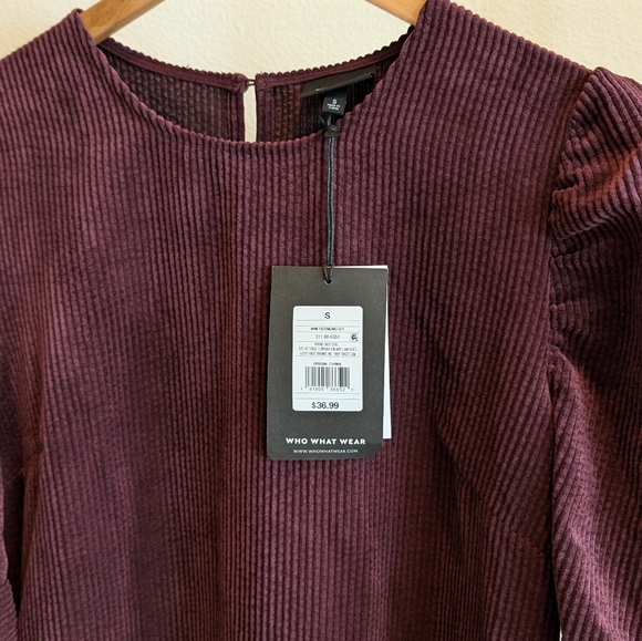Who What Wear Burgundy Cord Puff Sleeve Mini Dress - Picture 3 of 4